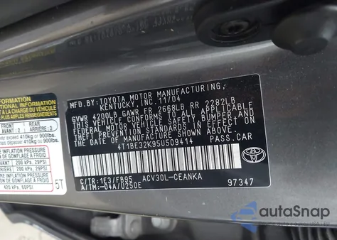 2005 Toyota Camry Std z USA, uszkodzony, nr VIN 4T1BE32K95U509414